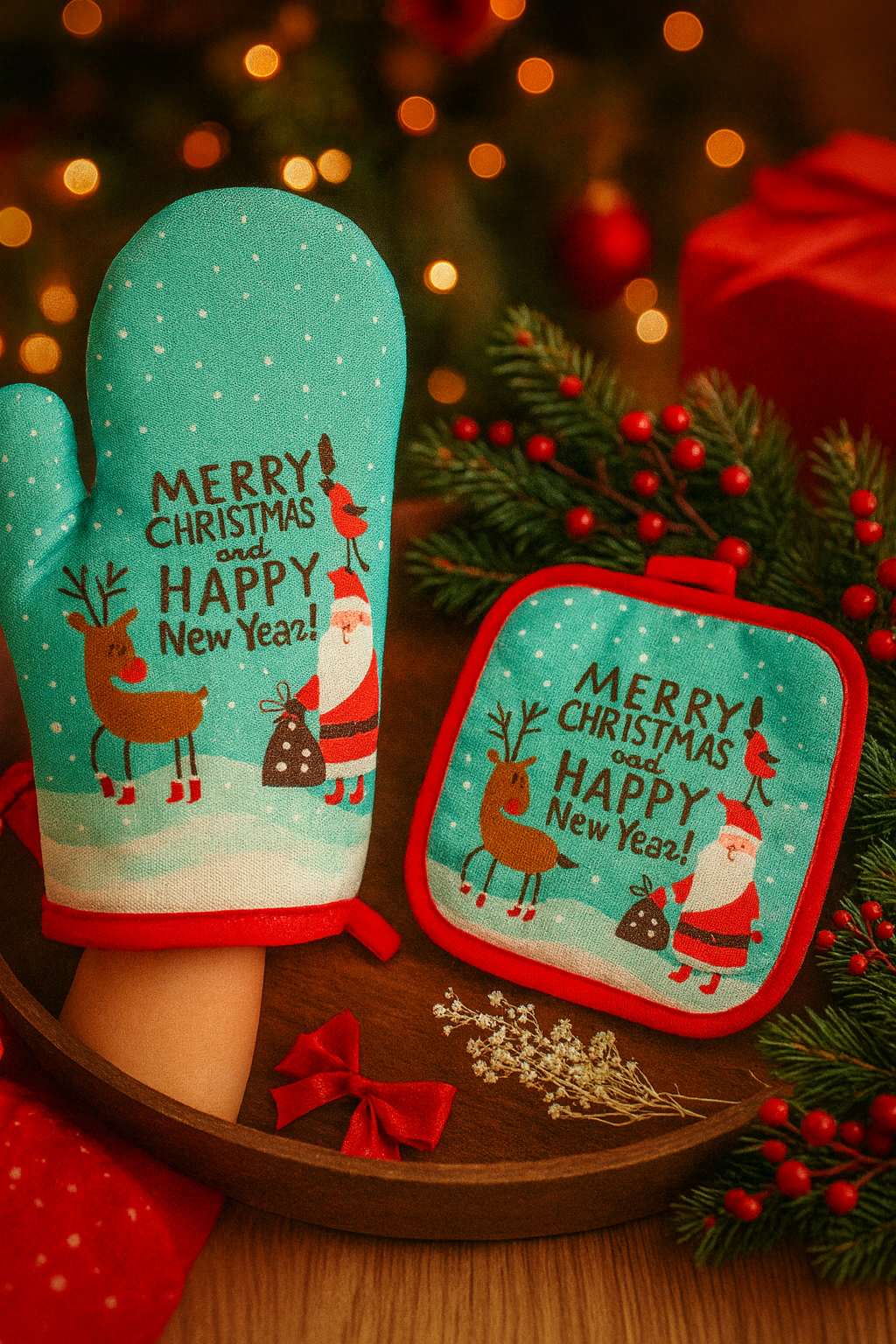Festive Holiday Oven Mitts & Pot Holders Set