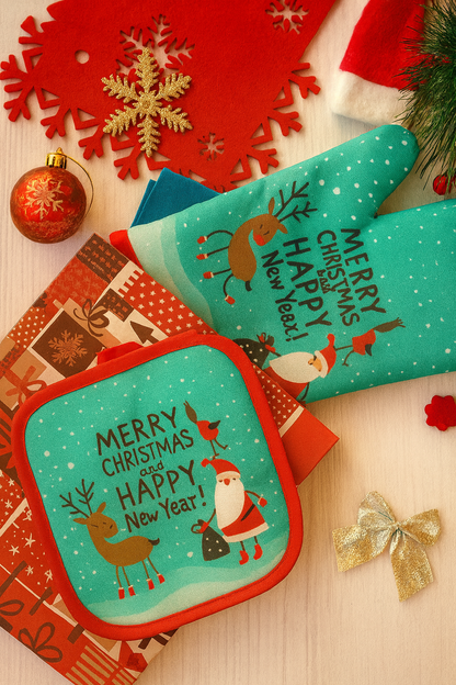 Festive Holiday Oven Mitts & Pot Holders Set